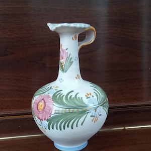 SPANISH TALAVERA Pottery Amphora Vase Pitcher  Signed Vintage Folk Art- Floral Handmade & Painted Spanish Cuenco Cerámica Vendimia