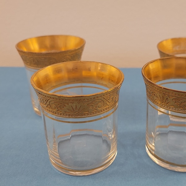 Tiffin-Franciscan 24 K Gold Encrusted Optic Whiskey Glass - 4 Available - Faceted Glass - 2 1/8 " x 2 1/8 " - Mid Century Stunning