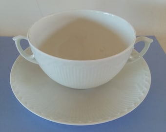 Exquisite Set of Royal Copenhagen Half Lace Pattern, White Soup Bowl w/ Two Handles & Saucer - 2 Sets Available,  Danish Fine Porcelain