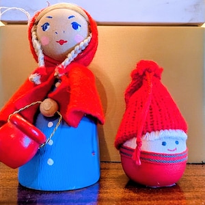 Swedish Wooden Pixie Ornaments  Girl w/ Braids & Wooden Bucket -and Santa Olle Ready to Hang