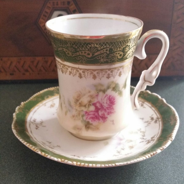 Antique Hot Chocolate Cup and Saucer - Green with Abundant Gold Detailing & Red Roses - Demi Cup - German Styling Craftmanship - Bone China