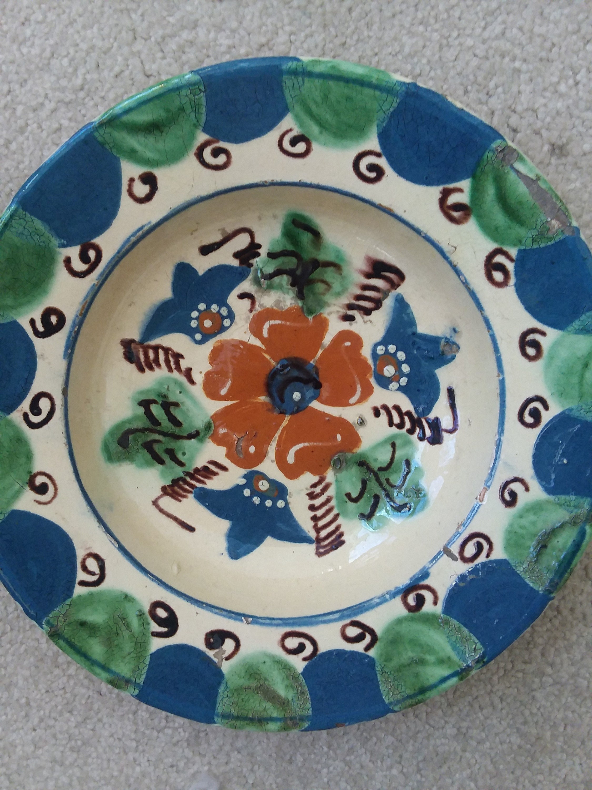 Folk Art German Redware Pottery- Redware Shallow Bowl Hand Painted Folk ...
