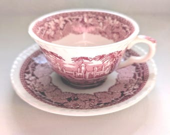 Cup & Saucer Set Pink Vista Masons Made England English Country Scene Red Transferware Holiday Dining