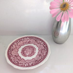 Pink Vista by Mason Dish Made England Red Transferware Plate 5 3/4 Inch Country Scene White Scalloped Edge Leaf Border Christmas Dining