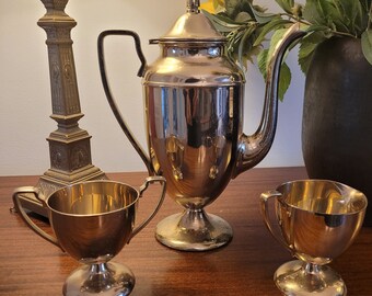 Coffee Pot, Creamer & Sugar Dirilyte Dirigold Regal Pattern - Discontinued - Bronze Alloy -  1960s Wedding Present