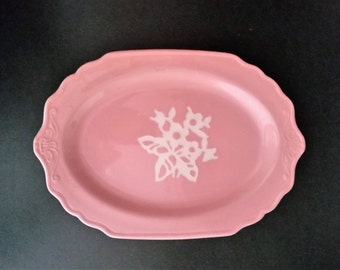 Cameoware Oval Serving Plate Platter - Pink Dainty Flower Pattern - 1940s - Discontinued - by Harker Pottery Co. - Made in the USA