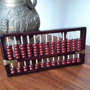 Wood & Metal Red Lion Brand Chinese Abacus, 91 Beads, 13 Row Abacus, Vintage Counting Frame - Math Toy - Asian Decor - Black Red with Bamboo