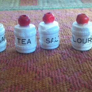 Vintage Miniature Canister Set - Doll House Kitchen - 1 Inch Tall - Home Decor - White and Red - Tea, Salt Flour, Sugar