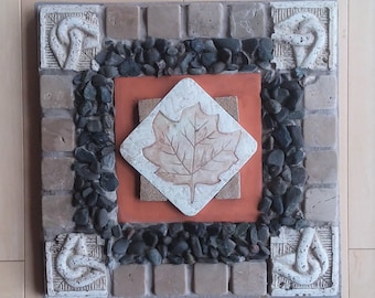 Original Mosaic Art - Maple Leaf Tile - Santa Ynez River Rocks - Indoor or Garden Art - Stepping Stone