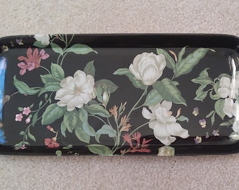 Tray w/ White, Pink Flowers on Black - Plastic Rectangular w/ Handles- Made Thailand - Beautiful Colors Details - 14.5 X 6.5 - Gift Giving
