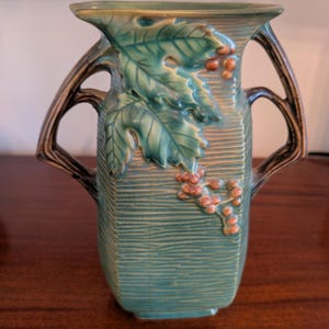 Roseville "Bushberry" - 1940s - Handled Green Vase - 33.8 Inches
