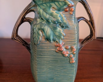 Roseville "Bushberry" - 1940s - Handled Green Vase - 33.8 Inches