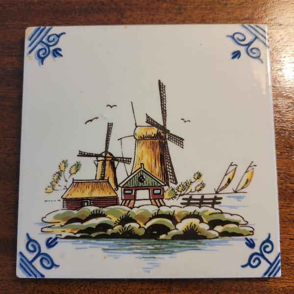 One Mid Century Hand Painted Delft Tile  - Windmill w/Boats Scene -Coasters, Wall Hanging - Signed  Made in Holland - Faience