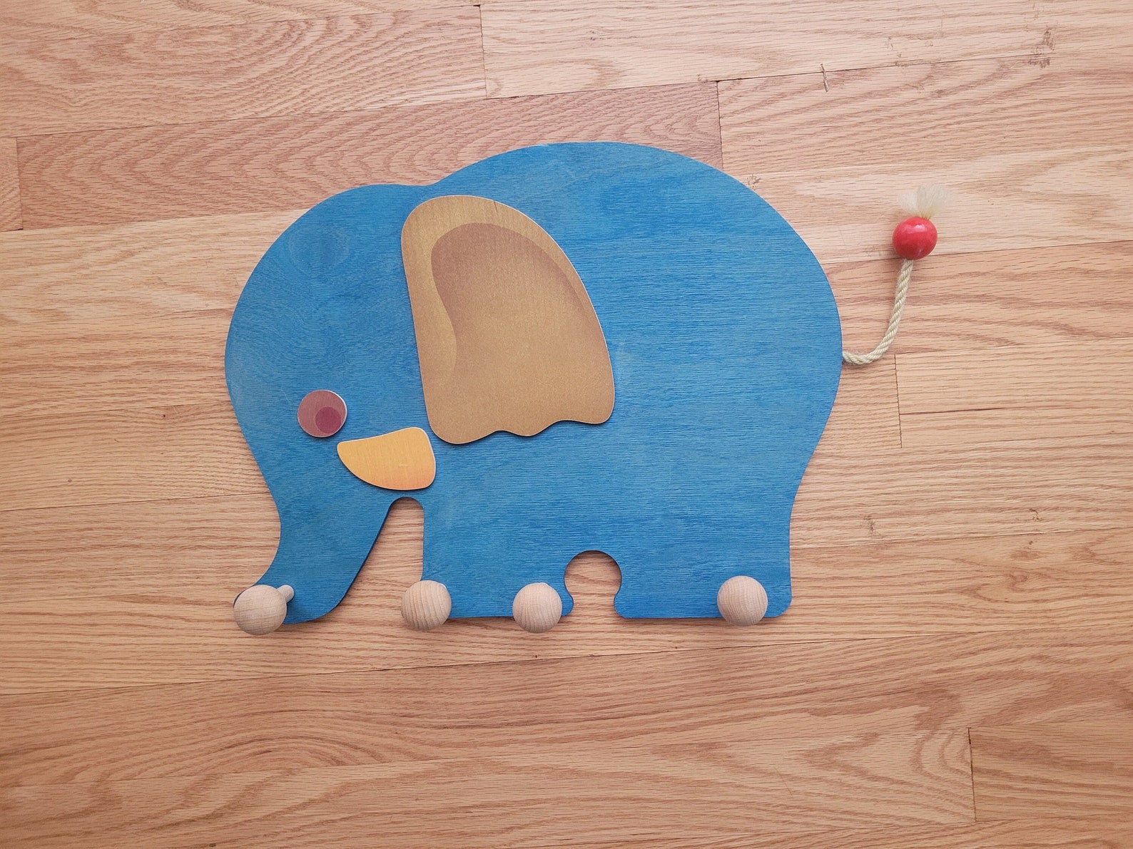 Merten Kunst Wooden Child's Nursery Bedroom Wall Art - Elehant Wall Hanger w/ 4 Pegs- Mid Century - Made Germany