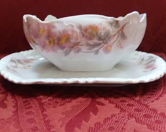 Antique Carlsbad of Austria Gravy Boat, Sauce Dish with Attached Tray - Pink, Yellow Flowers on White - Green Eagle Backstamp - 1900