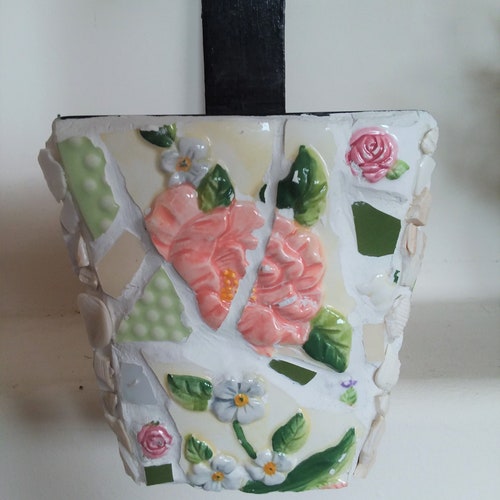 Mosaic Flower Box with Black Handle - Indoors or Outdoors Planter - 10 in X 4 In Opening - shops 13 inches w/ Handle - Original Art