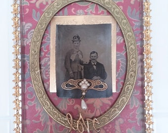 Tintype Brass Frame LOVE Pearl Jewelry Assemblage - Found Objects - 19th Century Couple - Original Art - Valentines, Wedding - Wall Art