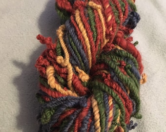 Hand spun thick and thin self-striping yarn, variegated yarn, sock weight, 6.5 oz., 84 yards, 3-ply, great for knitting, crocheting, weaving