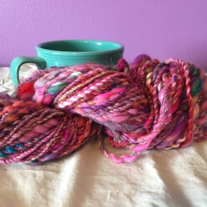 Hand spun variegated art yarn, bulky art yarn, thick and thin yarn, 4.6 oz, 88 yards, wool and silk, great for weaving, knitting, crocheting