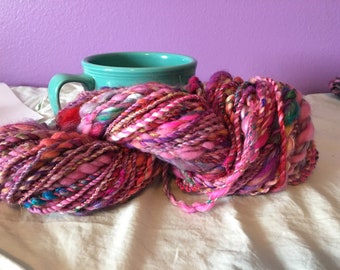 Hand spun variegated art yarn, bulky art yarn, thick and thin yarn, 4.6 oz, 88 yards, wool and silk, great for weaving, knitting, crocheting