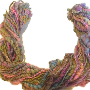Colorful bulky hand spun &quot;Sunset&quot; art yarn, organic Polwarth wool, thick and thin, great for weaving, knitting, crocheting, 3.5 oz