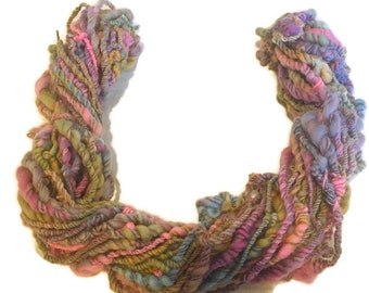 Colorful bulky hand spun "Sunset" art yarn, organic Polwarth wool, thick and thin, great for weaving, knitting, crocheting, 3.5 oz