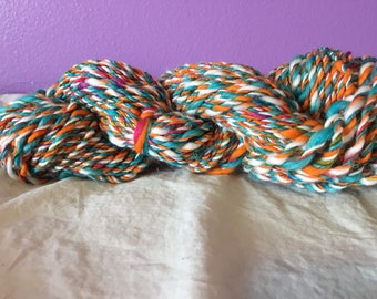 Hand spun bulky multicolored yarn, 70 yards, 3.8 oz, merino blend, 4-ply yarn, great for knitting, crocheting, and weaving