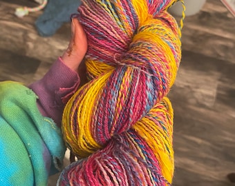 Hand spun brightly colored yarn, Soft Falkland wool, 5.1 ounces, 460 yards, 2-ply, great for knitting, crocheting, weaving