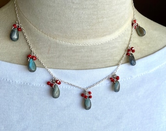 Blue flash labradorite teardrop necklace with garnet cluster, elegant gemstone necklace