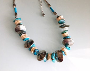 Turquoise and pearl necklace, elegant gemstone statement necklace