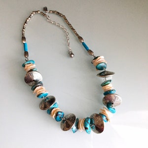 Turquoise and pearl necklace, elegant gemstone statement necklace