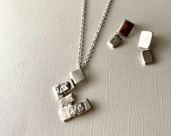 Geometric silver pendant necklace, squares and modern