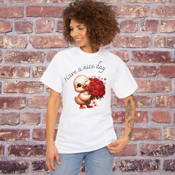 T-shirt z nadrukiem śmiesznej kaczki z bukietem kwiatów - bawełna unisex