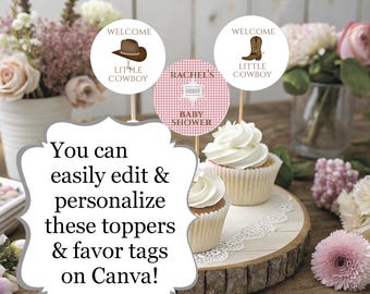 Szablon na babeczkę na baby shower i etykietę na upominek, motyw kowbojski, edytowalny produkt cyfrowy, okrągłe etykiety