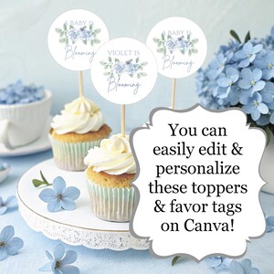 Baby Shower Cupcake Topper and Favor Tag Template, BABY in BLOOM Theme, Blue, Editable DIGITAL product, Flowers
