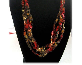 Trellis Fiber Crocheted Necklace,  Multi Color Ribbon Yarn Red Gold, Fall Colors, Ladder Necklace, Adjustable 16-18"