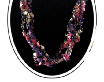 Fiber Yarn Crocheted Trellis Ladder Necklace, Purple Pink Silver, Adjustable 16-18"