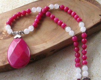 Gemstone Beaded Necklace, Handmade Jewelry,  Quartz and Jade Beads,  Pendant Necklace, Big Bold