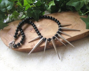 Gemstone Beaded Necklace, Black Onyx, Spike Focals, Statement Necklace, Goth Girl, Black Silver