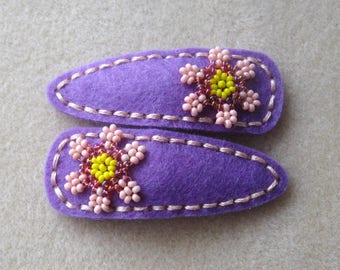 Handmade Wool Felt Snap Clip,Beaded Flower Embellishment, Children's Accessory, Snap Clip Barrette, Snap Clip, Girl's Hair Accessories