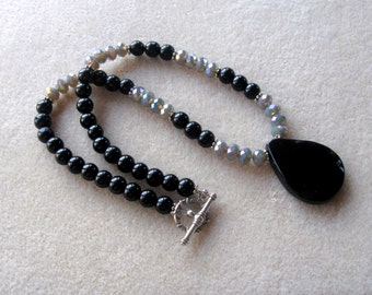 Black Agate, Obsidian Beads, Glass Rondelles, Gemstone Beaded Necklace, Agate Necklace, Beaded Necklace,, Goth Jewelry, Artisan Jewelry