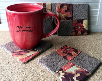 Cotton Fabric Coasters, Browns Orange Red, Mug Rugs, Set of 4, Fall Colors, 100% Cotton