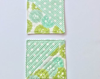Mint Floral Fabric Coasters, Set of 2, Quilted Cotton Mug Rugs