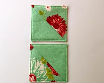 Coasters, Cotton Fabric Coasters, Mint & Pink Flower Print, Mug Rugs, Set of 2, Print Fabric, 100% Cotton