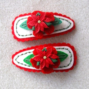 Handmade Wool Felt Poinsettia Snap Clip Barrettes, Girls Christmas Hair Accessories