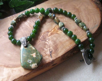 Rhyolite and Green Jade Gemstone Beaded Necklace, Handmade Necklace, Rainforest Jasper, OOAK One of a Kind