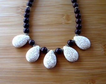 Howlite Pendants and Beads, Gemstone Beaded Bib Necklace, Artisan Jewelry, Statement Necklace, 17"