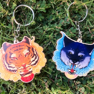 Wooden Tiger and Wolf Keychains