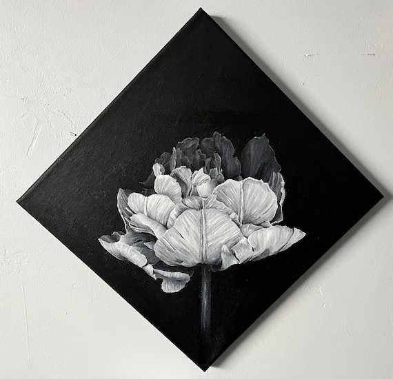 Small Canvas Painting Rose Black and White Acrylic Paint 