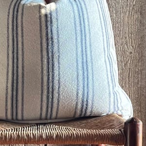 Piped Edge Grain Sack Blue Stripe Pillow Cover | Farmhouse Pillow Cover | Feed Sack Pillow Cover | Blue 12 Stripe | Beige Fabric